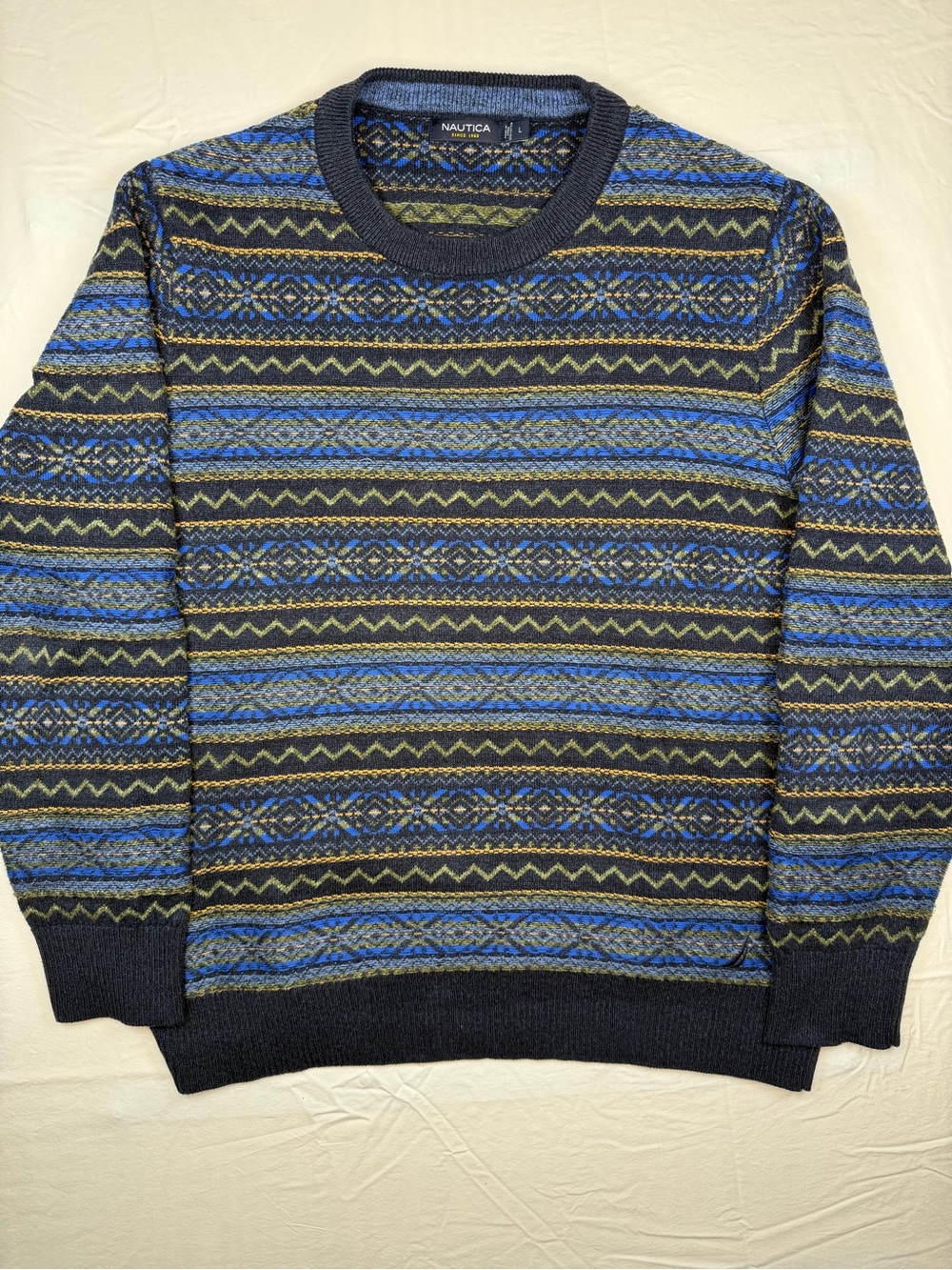 Nautica Fair Isle Knit Sweater Men’s Large Blue Nordic Crewneck Pullover